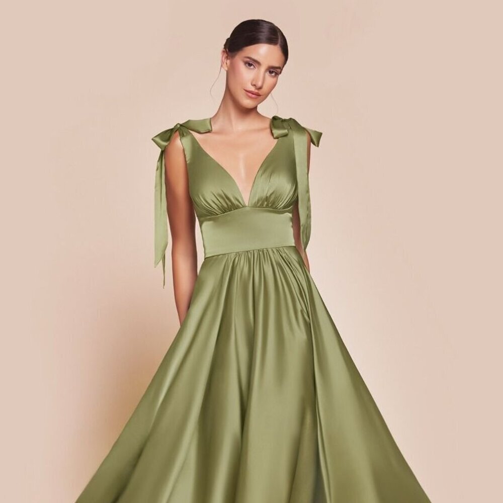 NEW FORMAL SLEEVELESS SATIN MIDI GOWN W/ TIE STRAPS & GATHERED WAISTLINE CD 7499